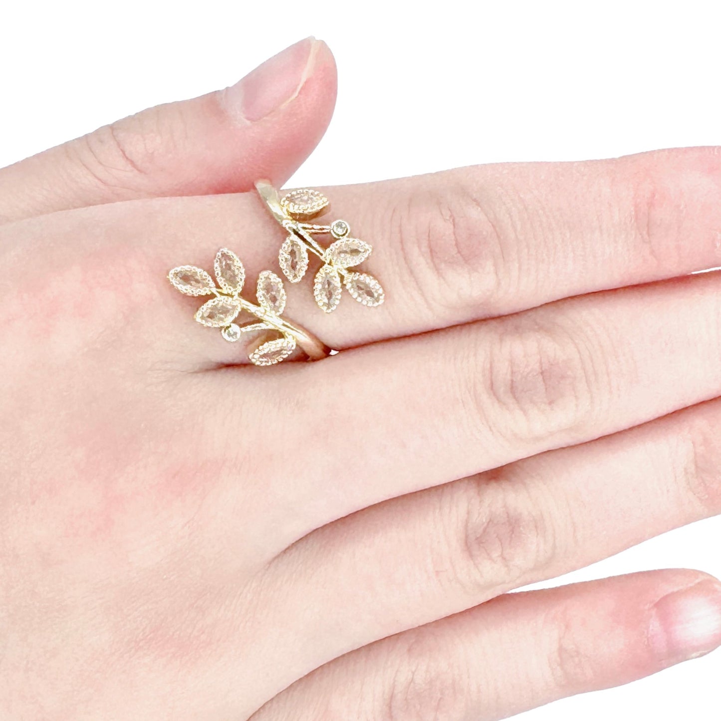 Gold-Plated Leaf Ring with Gemstones
