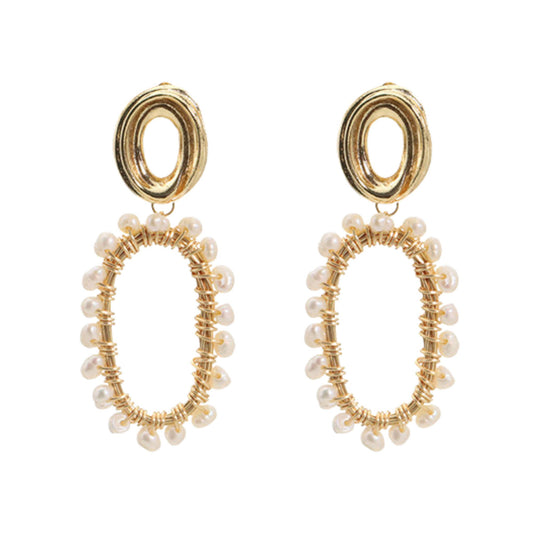 Retro Geometric Freshwater Pearl Drop Earrings