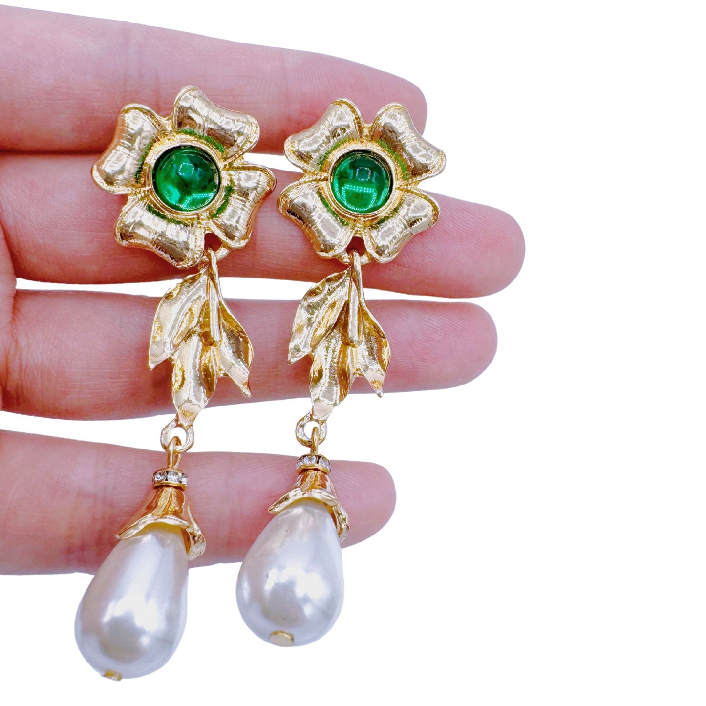 Elegant Green Zircon & Pearl Drop Earrings