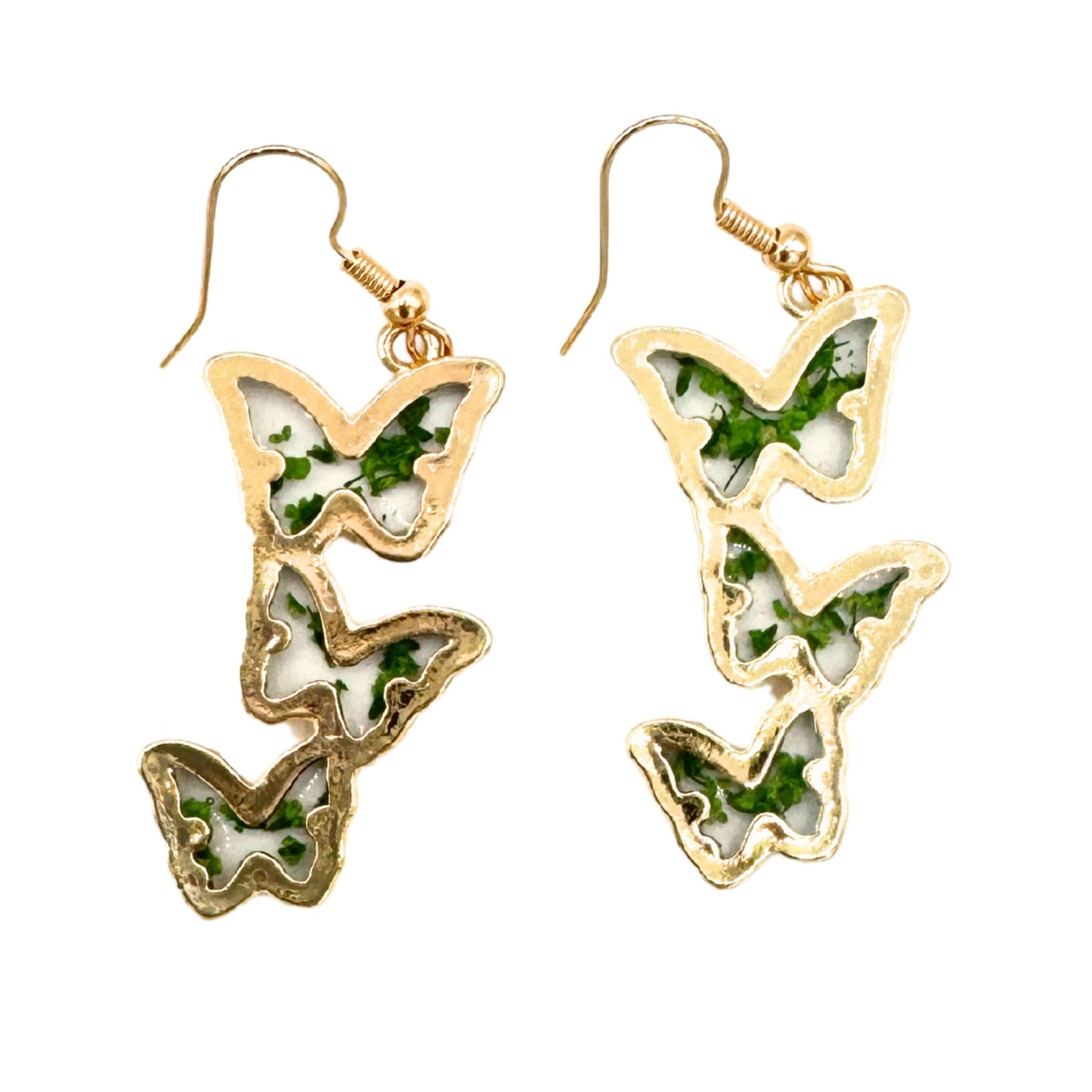 Triple Butterfly Drop Earrings – Handmade with Resin, Alloy, Dried Leaves & 925 Silver Needle
