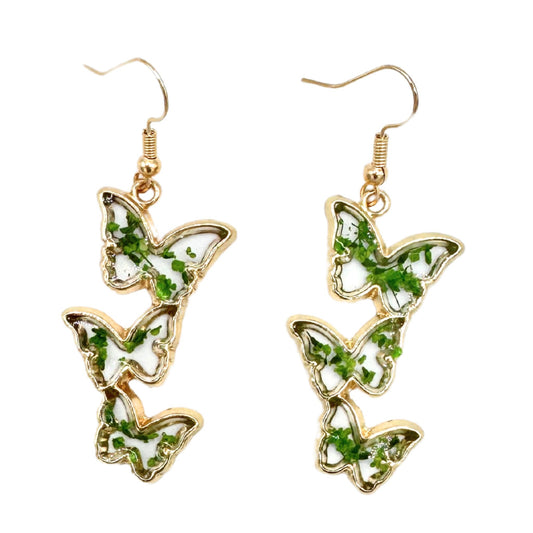Triple Butterfly Drop Earrings – Handmade with Resin, Alloy, Dried Leaves & 925 Silver Needle
