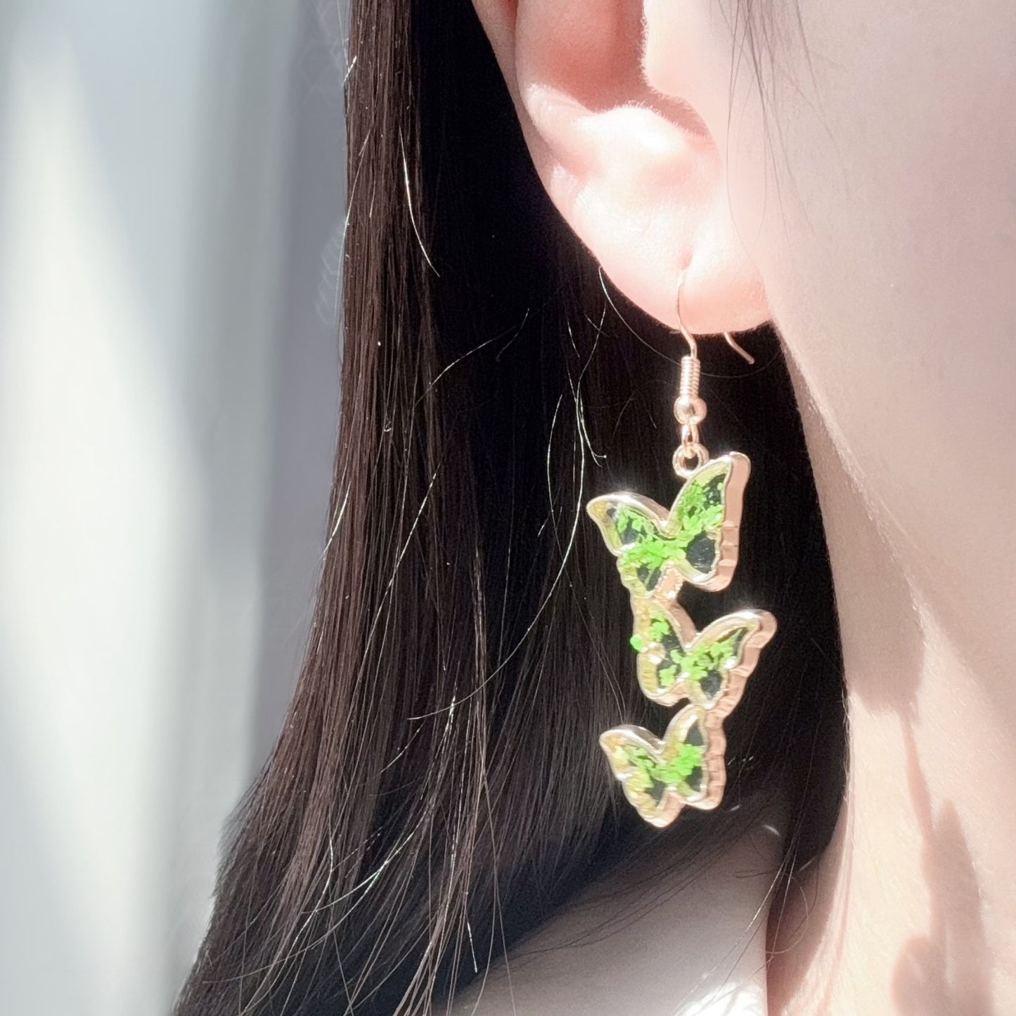 Triple Butterfly Drop Earrings – Handmade with Resin, Alloy, Dried Leaves & 925 Silver Needle