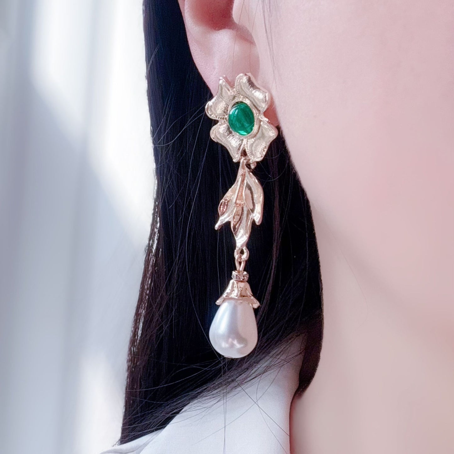 Elegant Green Zircon & Pearl Drop Earrings